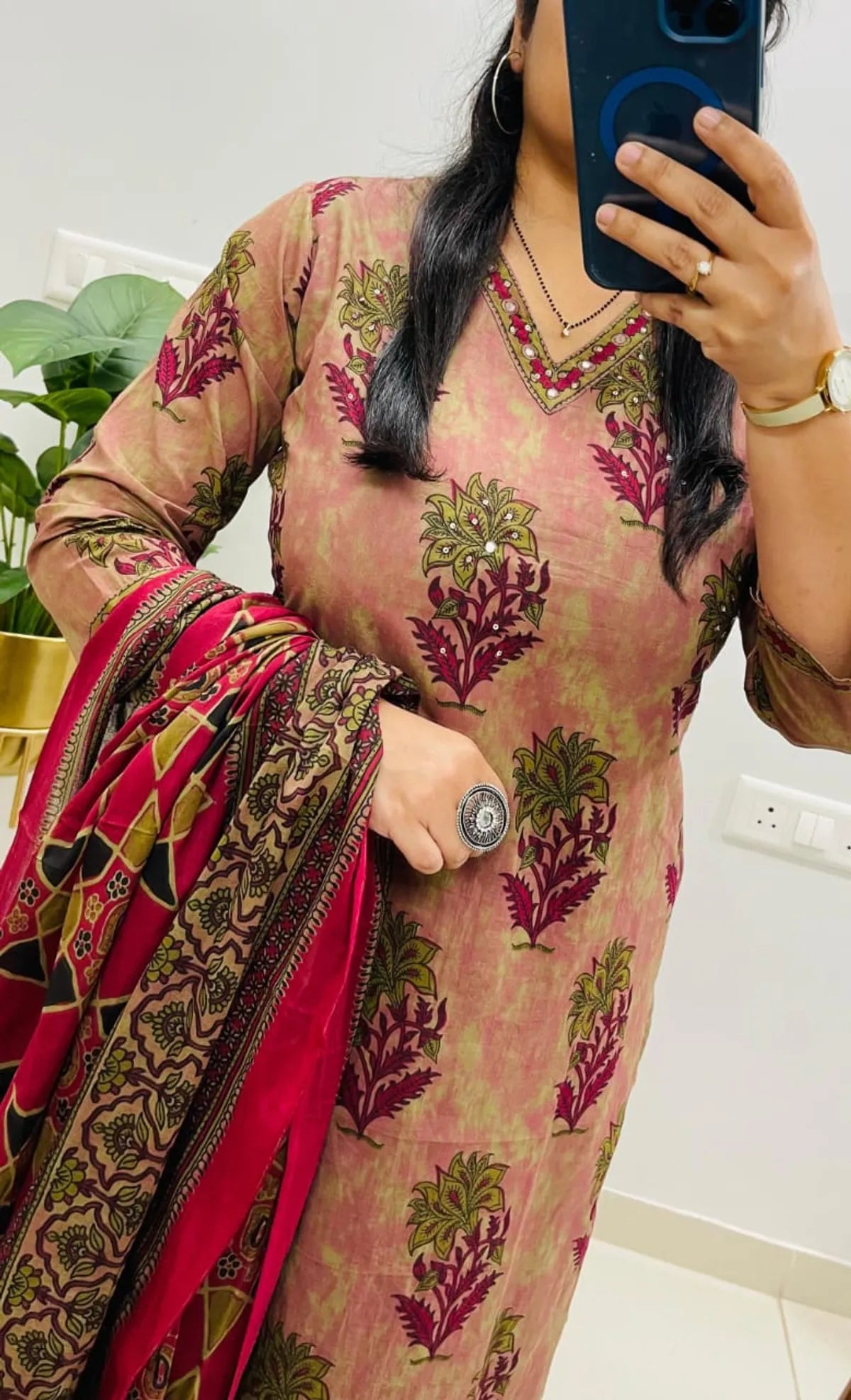 Peach Floral Printed Kurta Pant Set with Dupatta