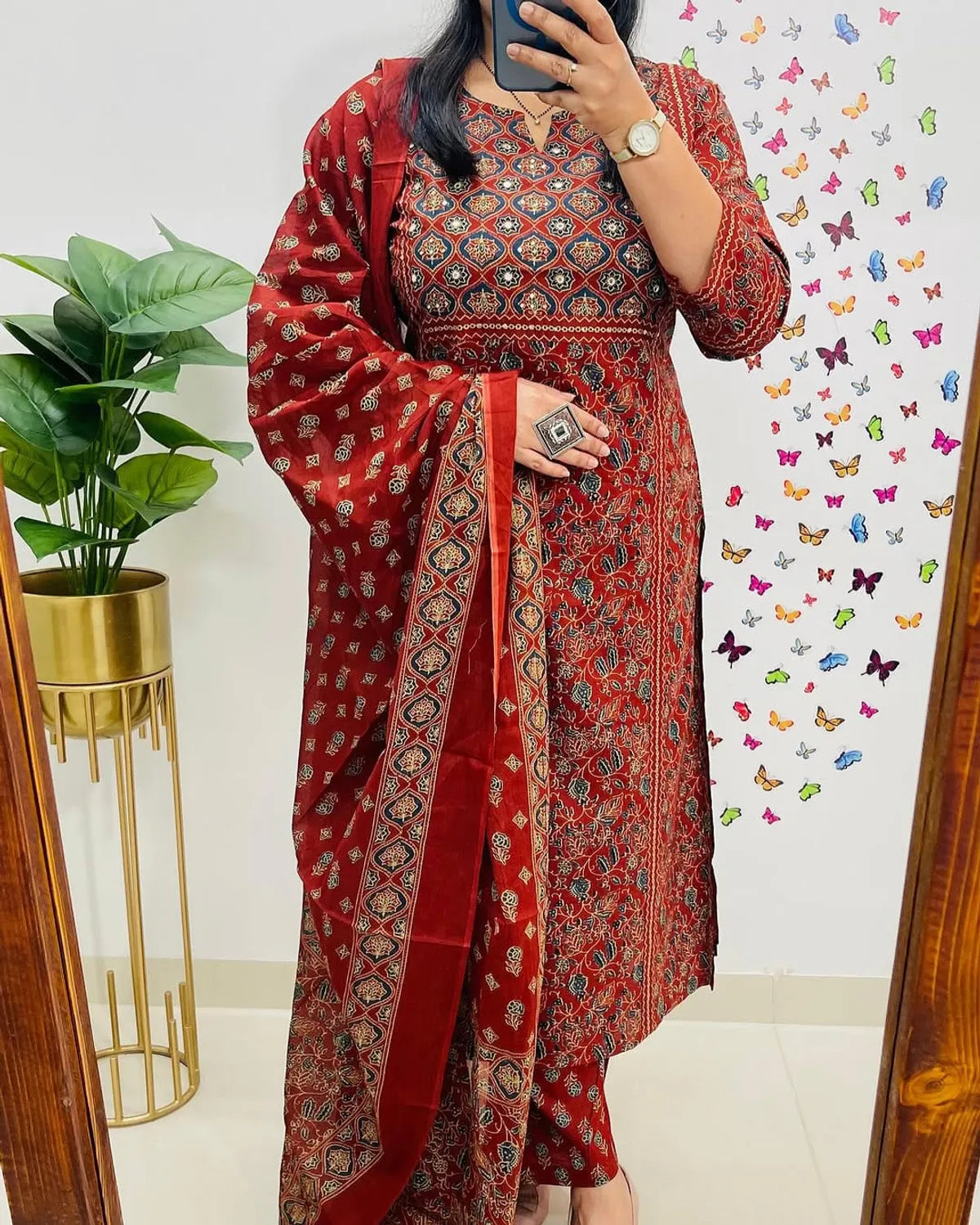 Maroon Ajrakh Printed Cotton Kurta Pant Set with Dupatta
