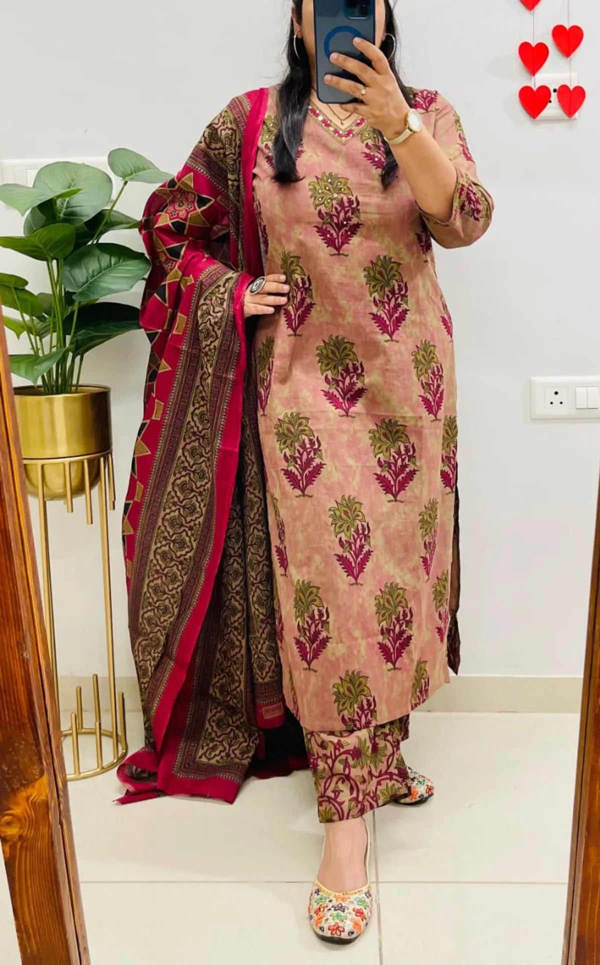Peach Floral Printed Kurta Pant Set with Dupatta