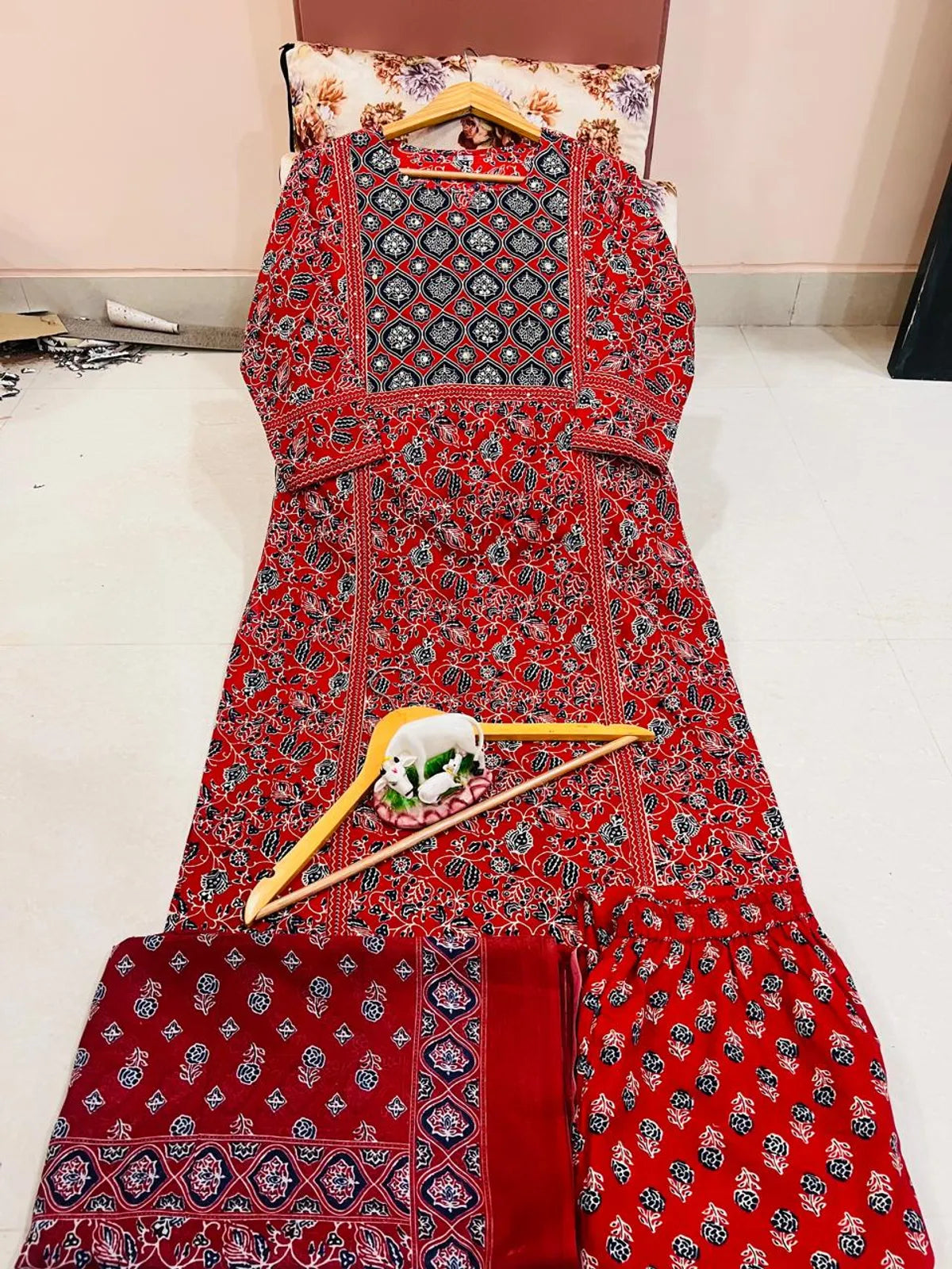 Maroon Ajrakh Printed Cotton Kurta Pant Set with Dupatta