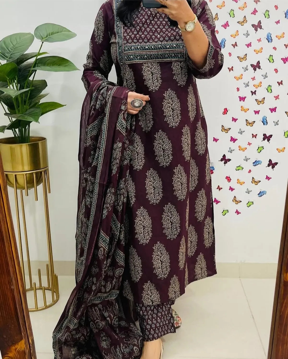 Wine Purple Printed Cotton Kurta Pant Set with Dupatta