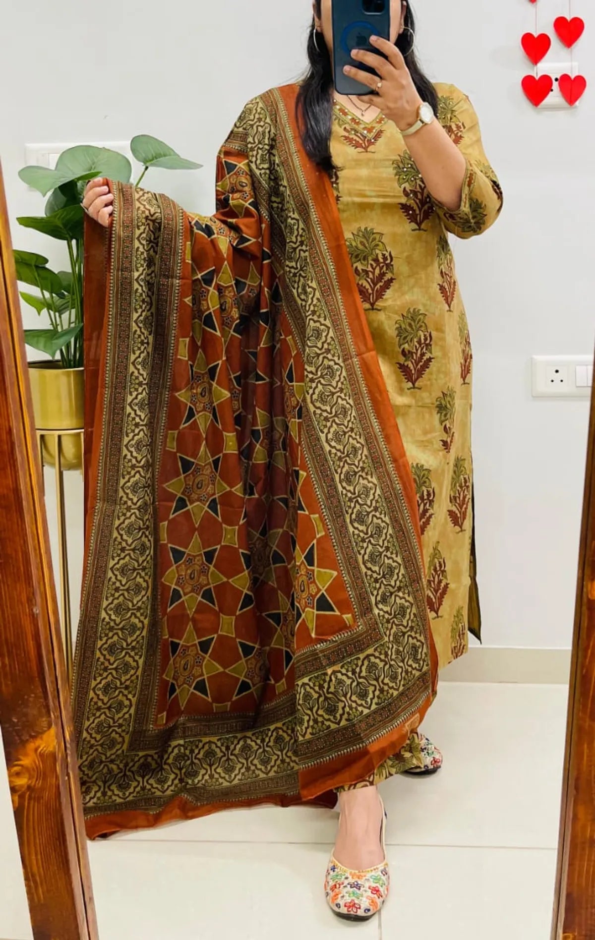 Mustard Yellow Printed Kurta Set with Rust Dupatta