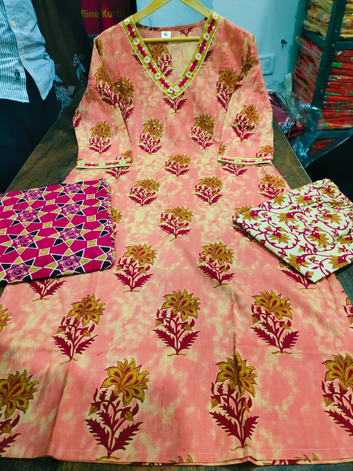 Peach Floral Printed Kurta Pant Set with Dupatta