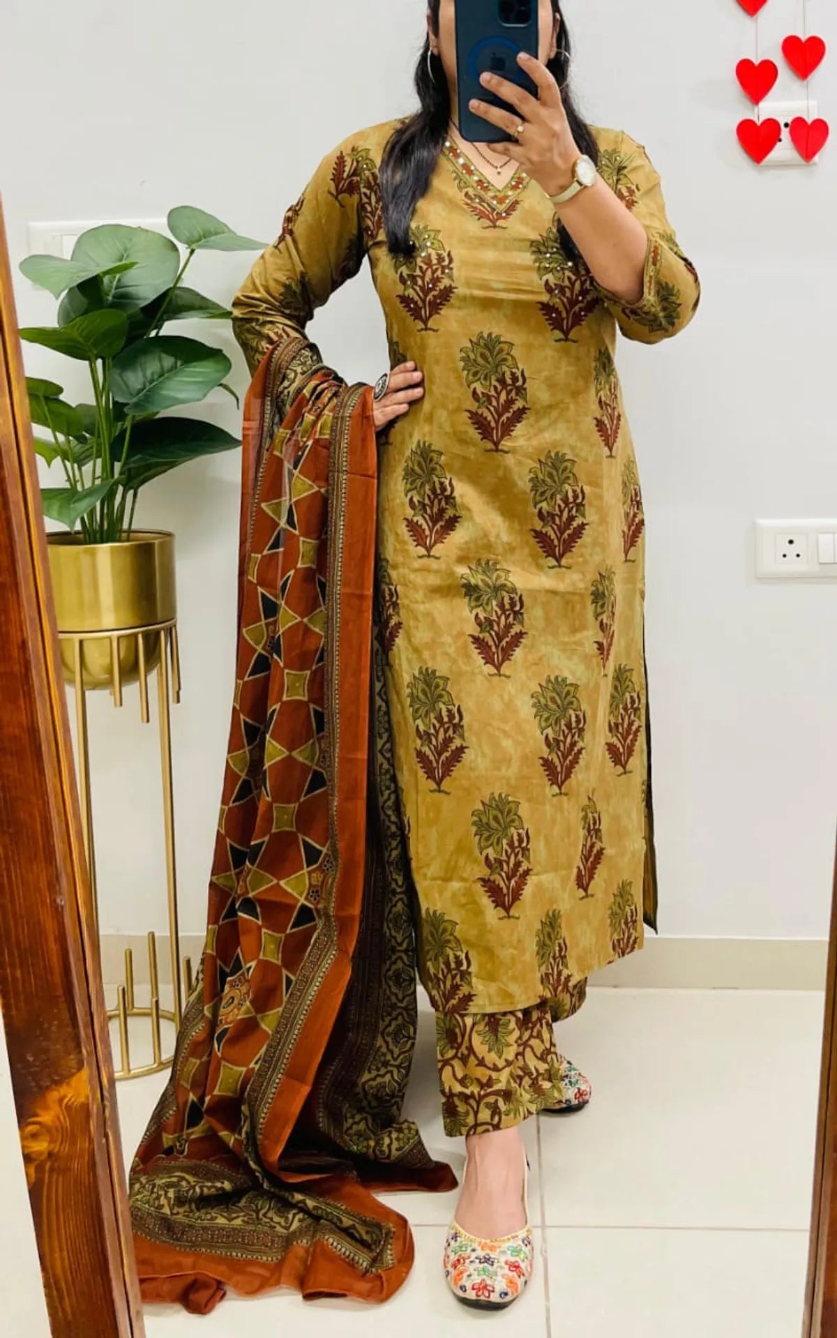 Mustard Yellow Printed Kurta Set with Rust Dupatta