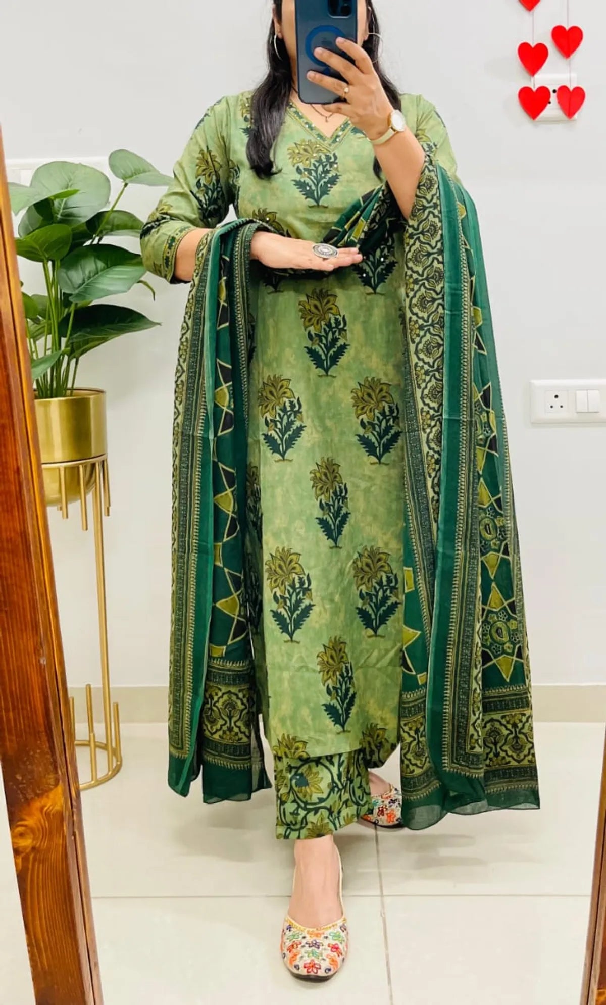 Pista Green Printed Kurta Set with Dark Green Dupatta