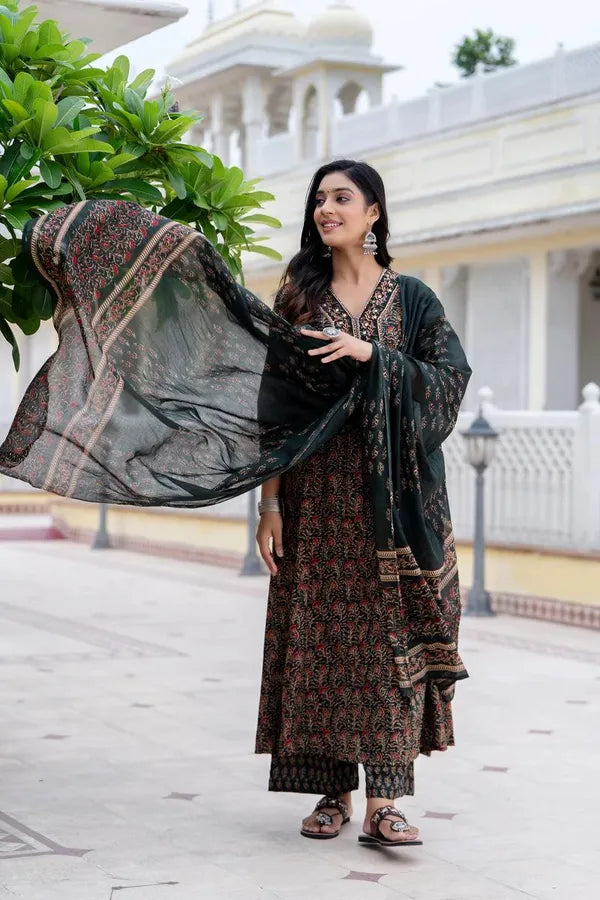 Cotton Printed Kurta With Pant & Dupatta Set