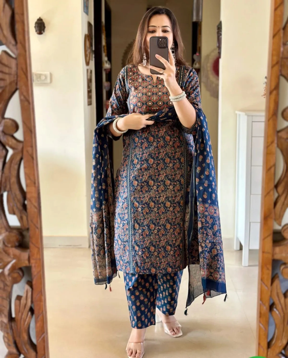 Navy Blue Ajrakh Printed Cotton Kurta Pant Set with Dupatta