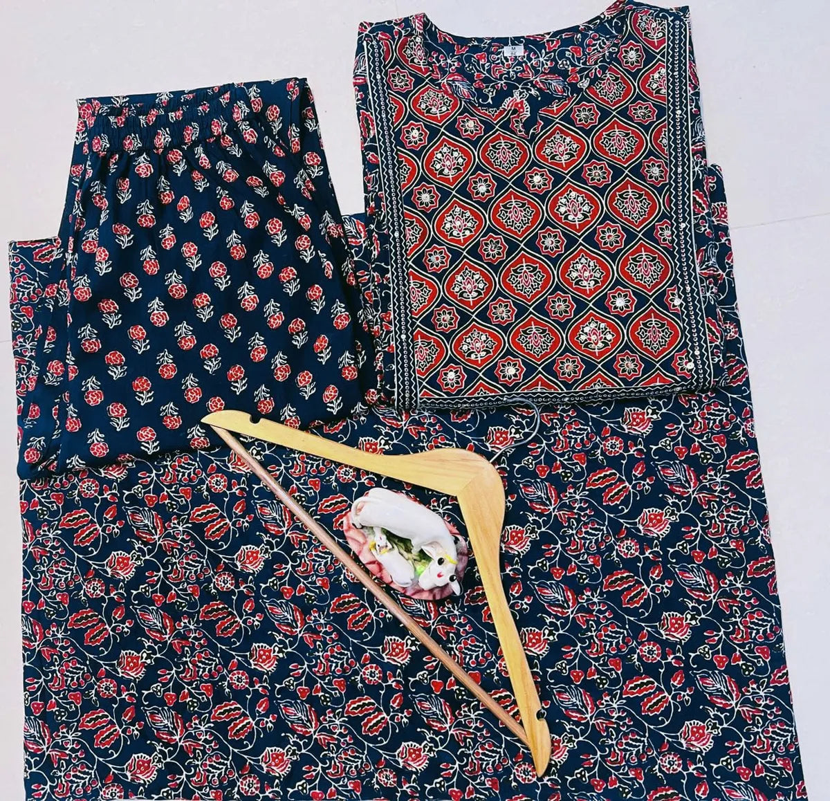 Navy Blue Ajrakh Printed Cotton Kurta Pant Set with Dupatta