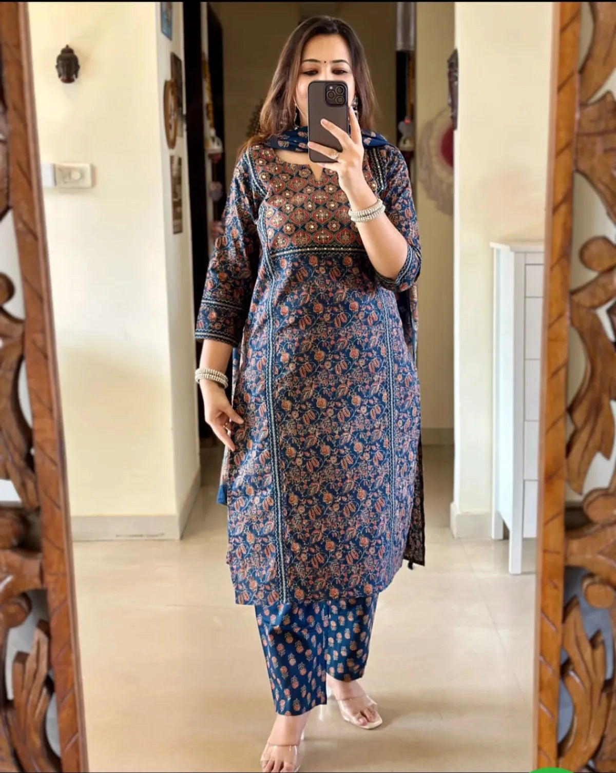 Navy Blue Ajrakh Printed Cotton Kurta Pant Set with Dupatta