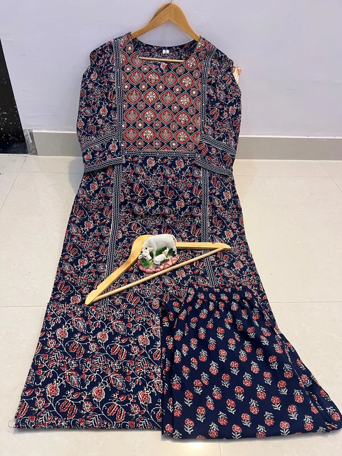 Navy Blue Ajrakh Printed Cotton Kurta Pant Set with Dupatta