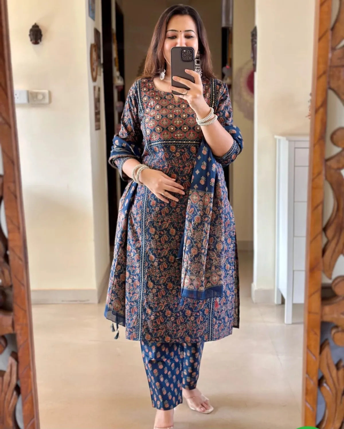 Navy Blue Ajrakh Printed Cotton Kurta Pant Set with Dupatta