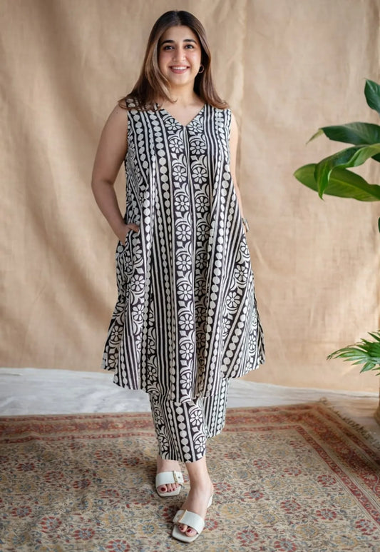 Cotton Printed Sleeveless Kurta & Pant Set .