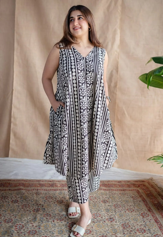 Cotton Printed Sleeveless Kurta & Pant Set .