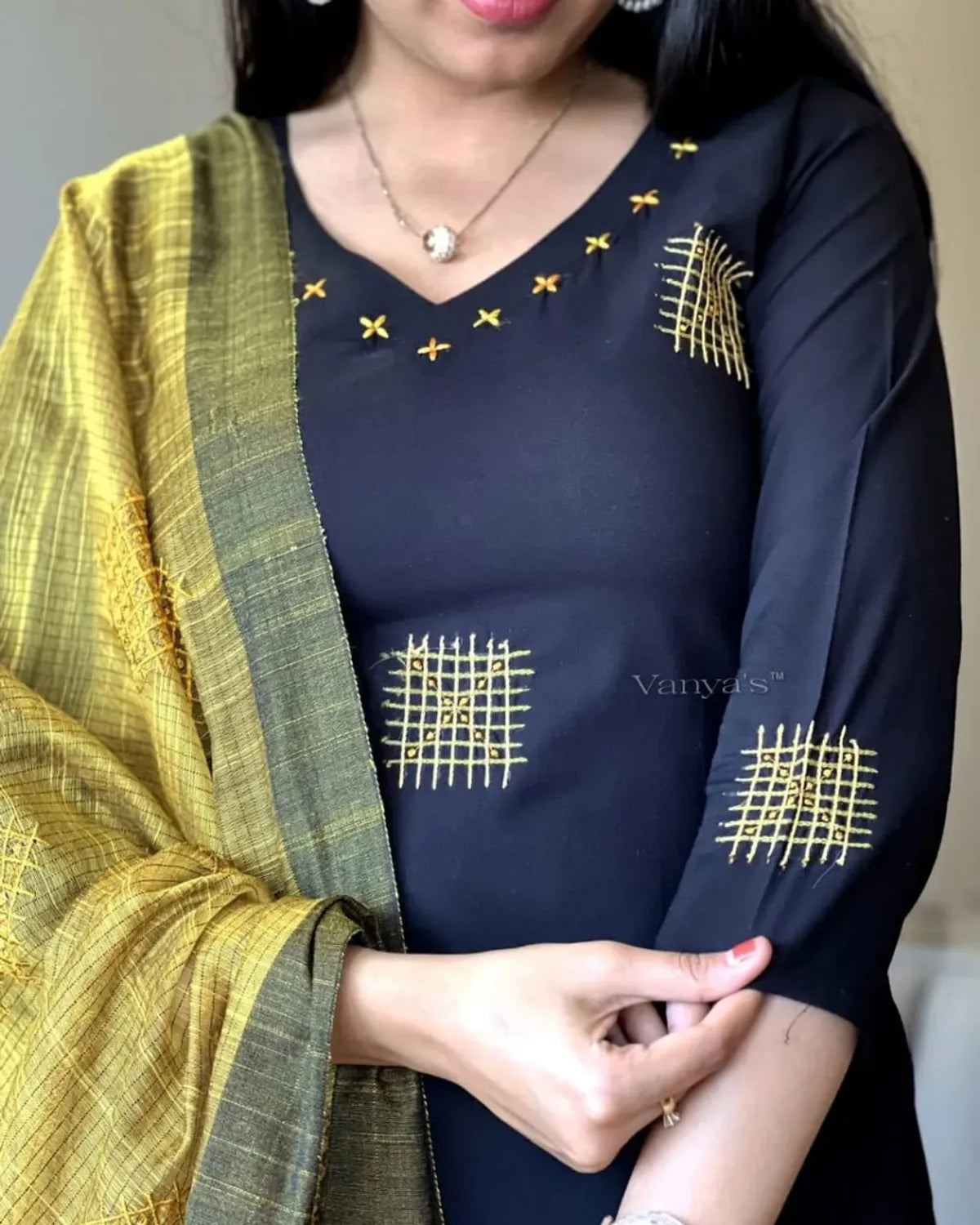 Black Embroidered Cotton Black Kurta And Pant Set With Silk Thread Work Dupatta