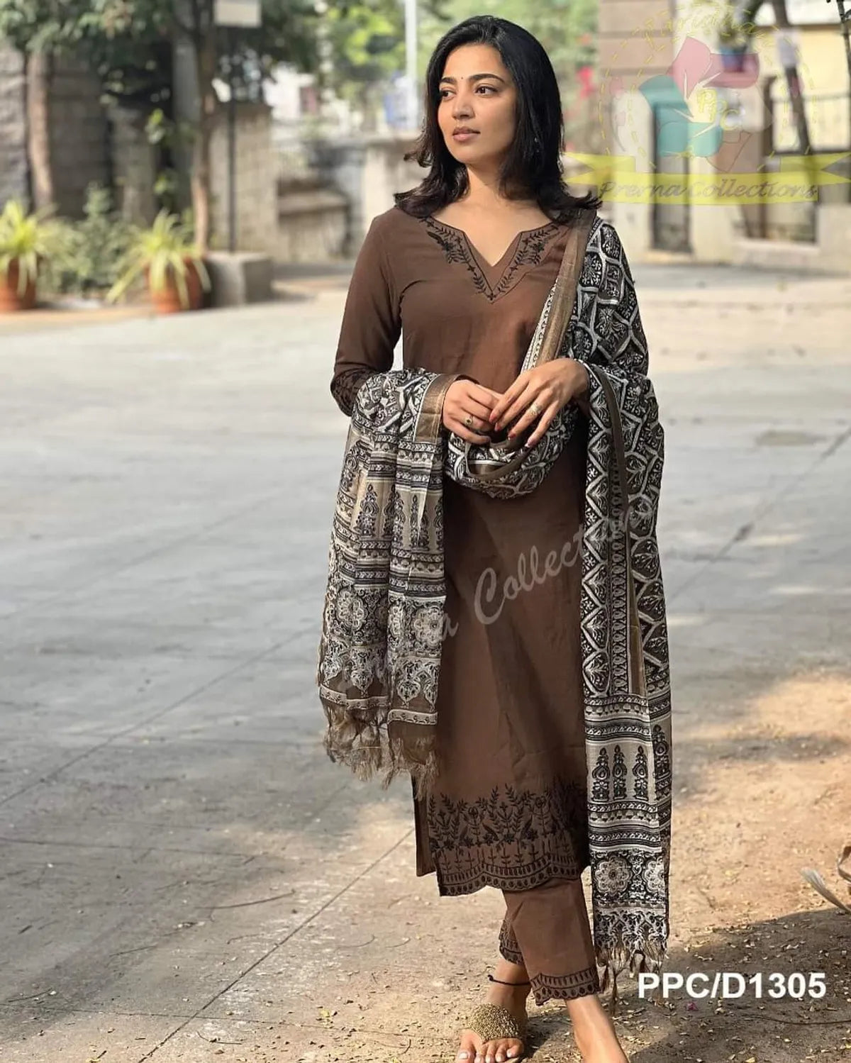 Brown Khadi Cotton Embroidered Kurta and Pant with Dupatta