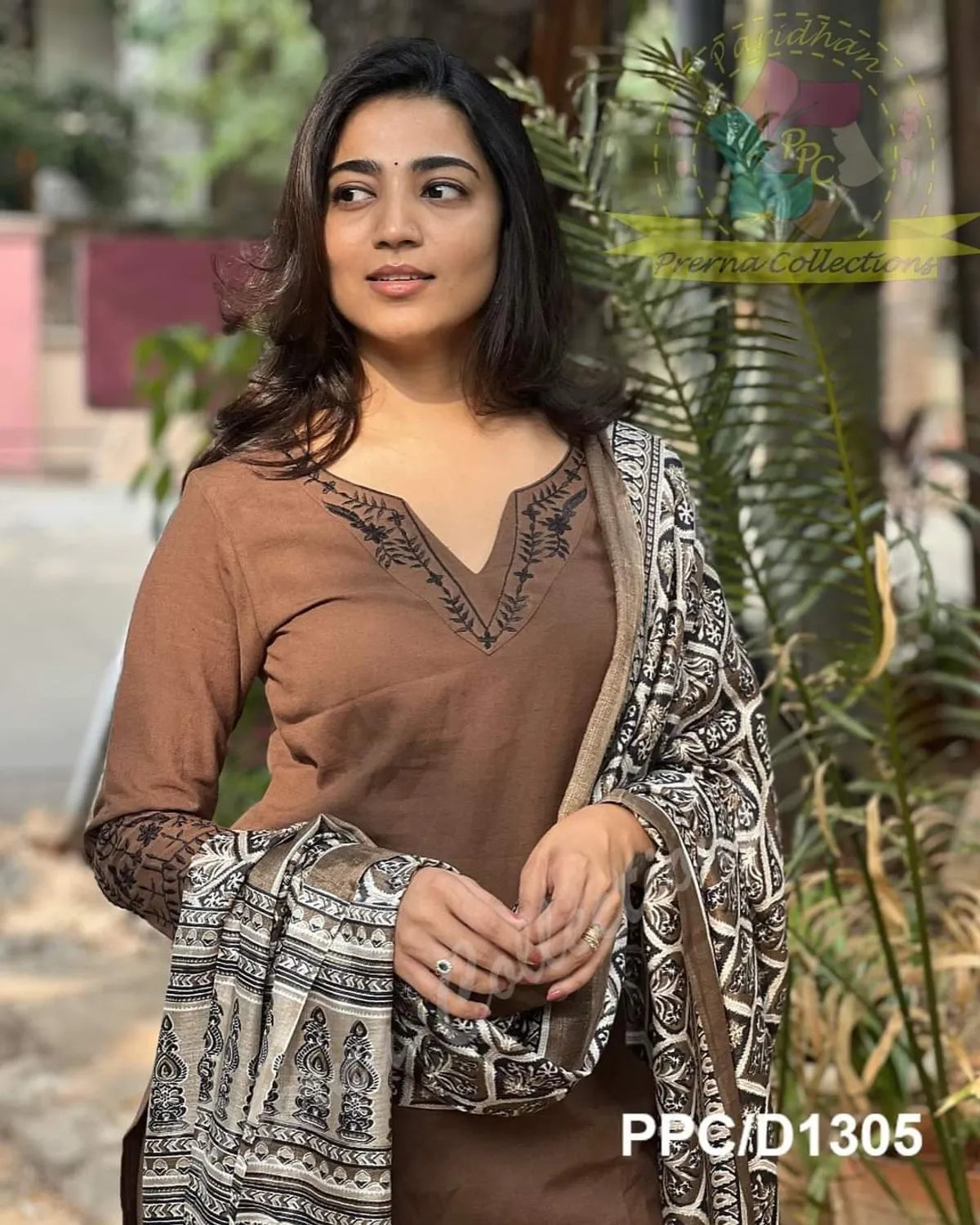 Brown Khadi Cotton Embroidered Kurta and Pant with Dupatta
