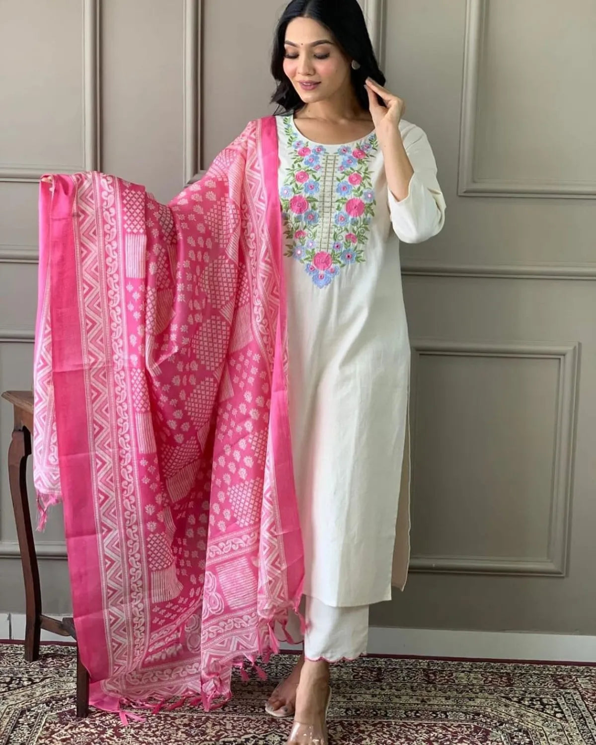 Khadi Cotton Embroidered Kurta With Pant & Khadi Silk Dupatta Set