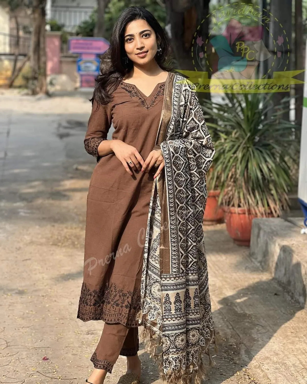 Brown Khadi Cotton Embroidered Kurta and Pant with Dupatta