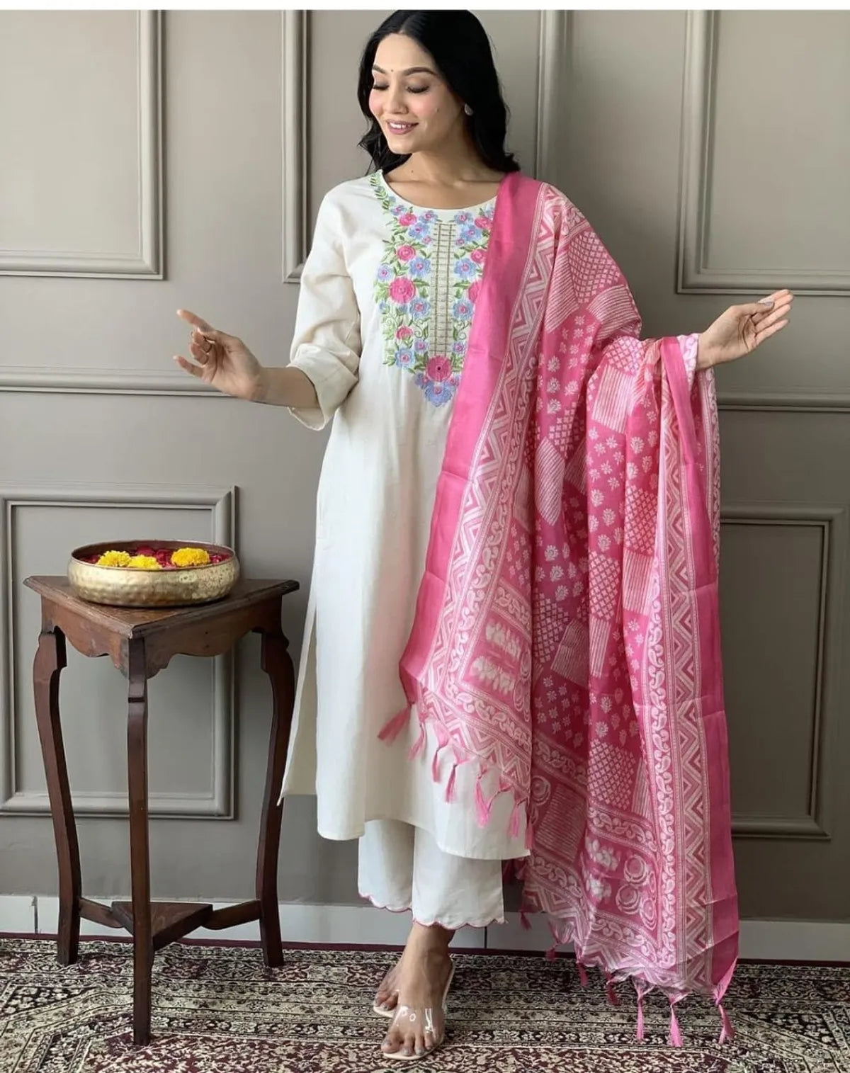 Khadi Cotton Embroidered Kurta With Pant & Khadi Silk Dupatta Set