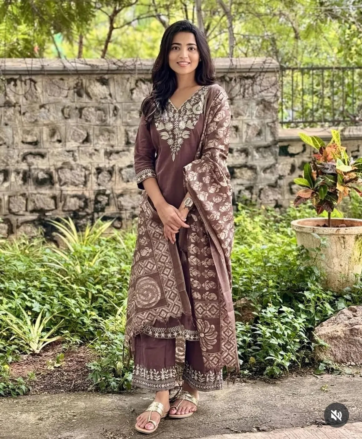 Chocolate Brown Embroidered Khadi Cotton Kurta Pant Set with Dupatta
