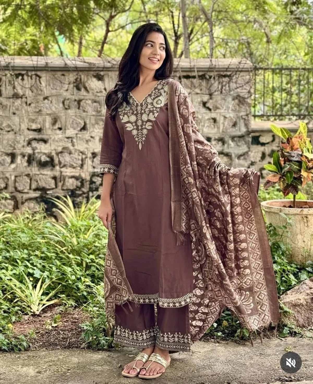 Chocolate Brown Embroidered Khadi Cotton Kurta Pant Set with Dupatta