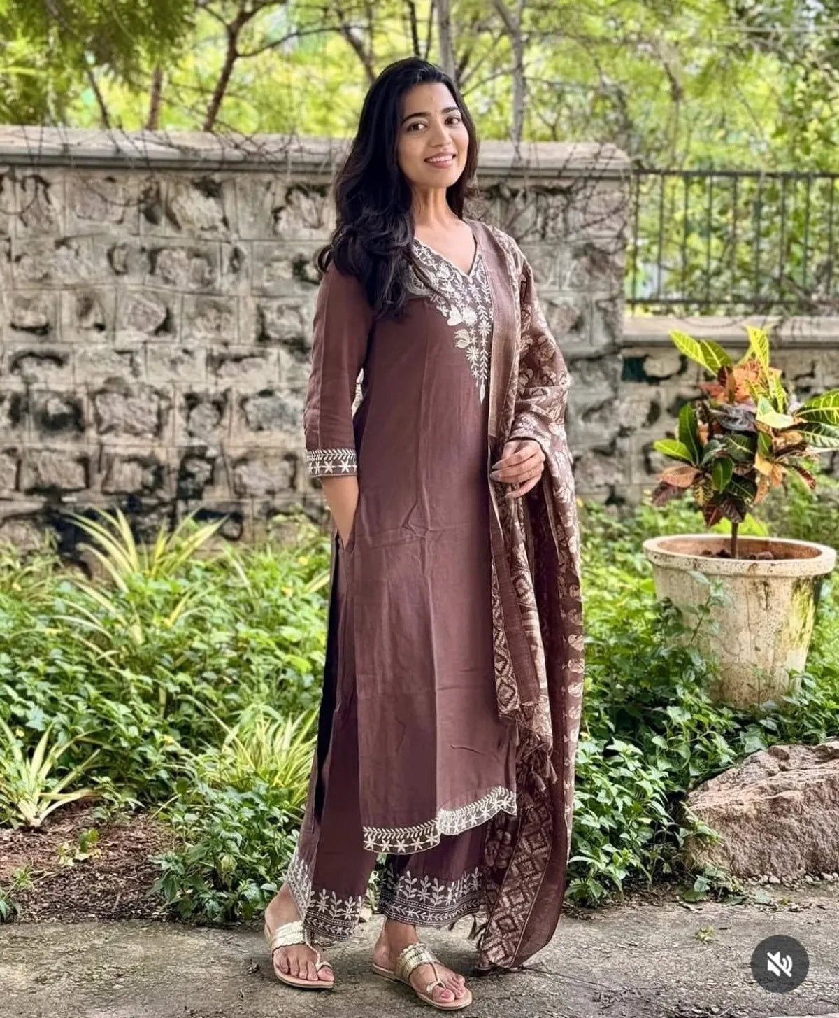 Chocolate Brown Embroidered Khadi Cotton Kurta Pant Set with Dupatta