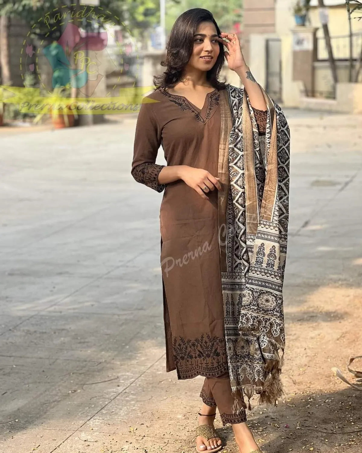 Brown Khadi Cotton Embroidered Kurta and Pant with Dupatta