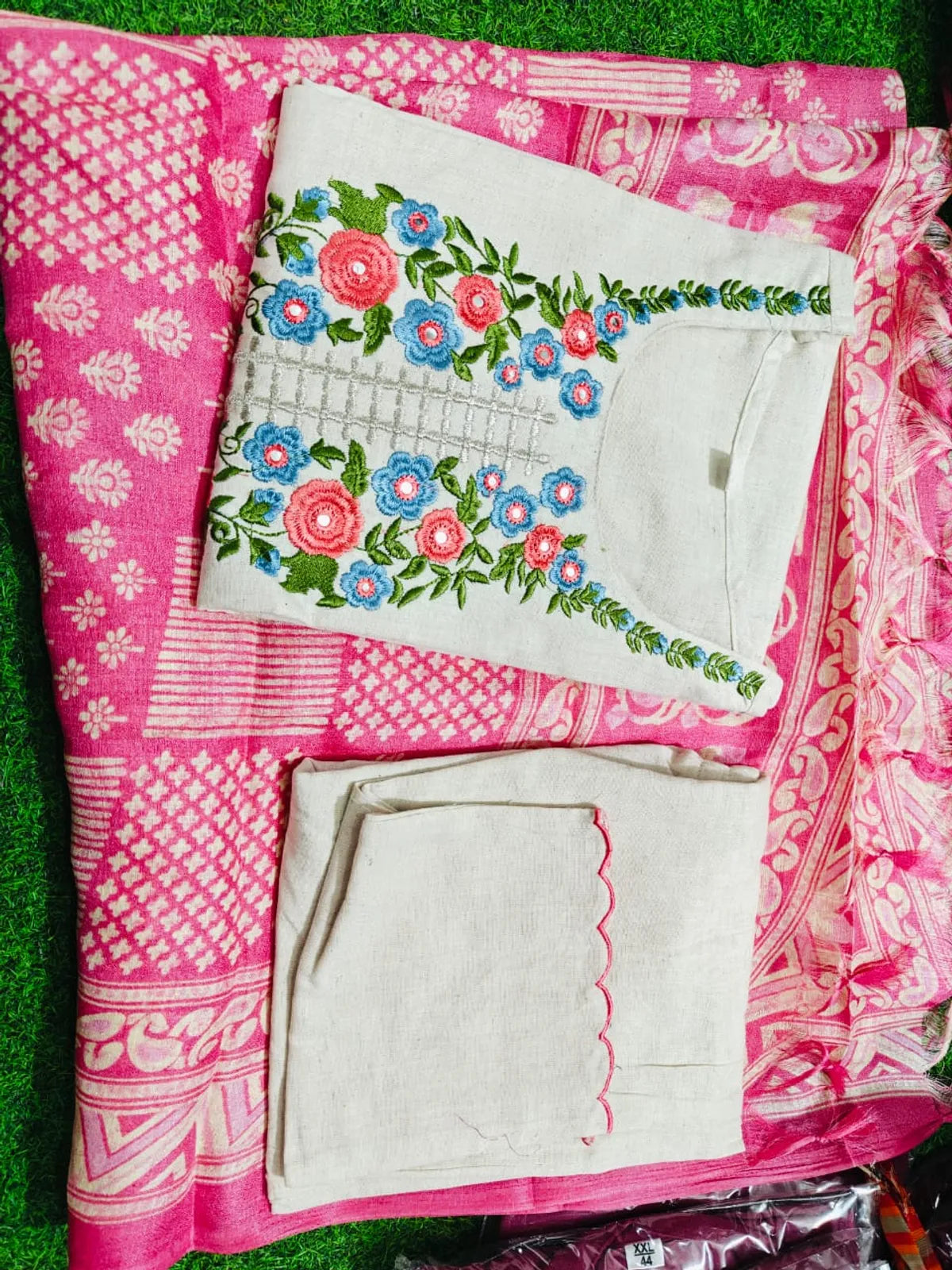 Khadi Cotton Embroidered Kurta With Pant & Khadi Silk Dupatta Set