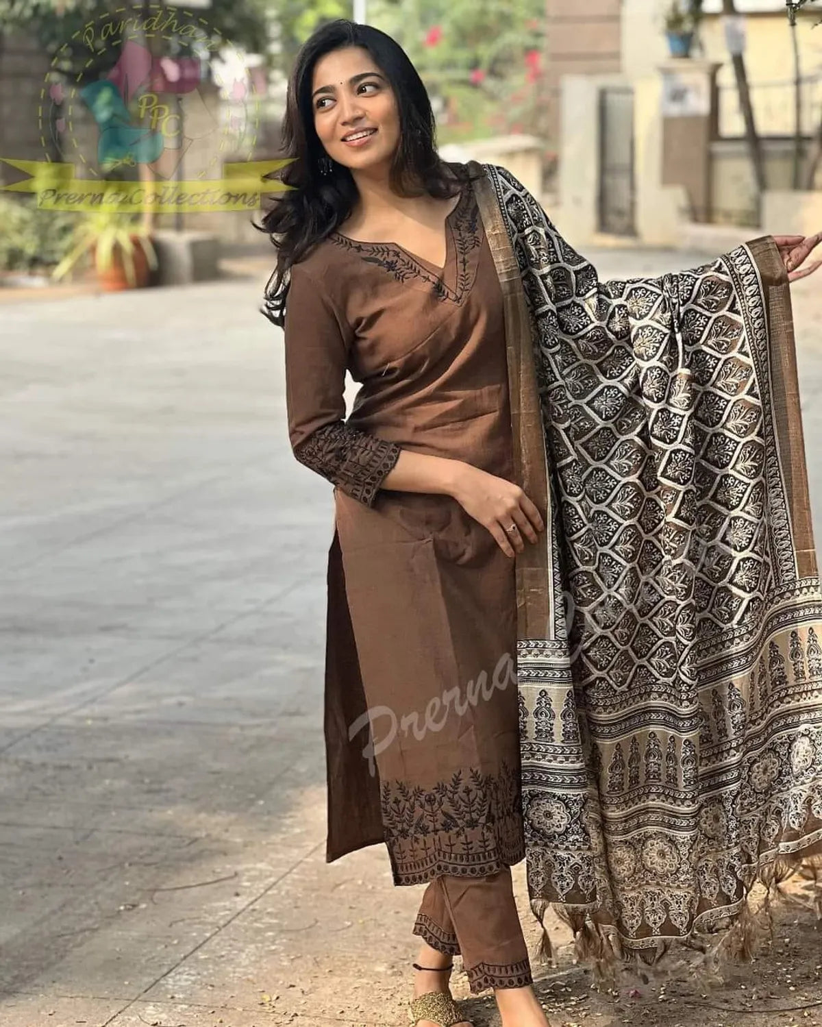 Brown Khadi Cotton Embroidered Kurta and Pant with Dupatta