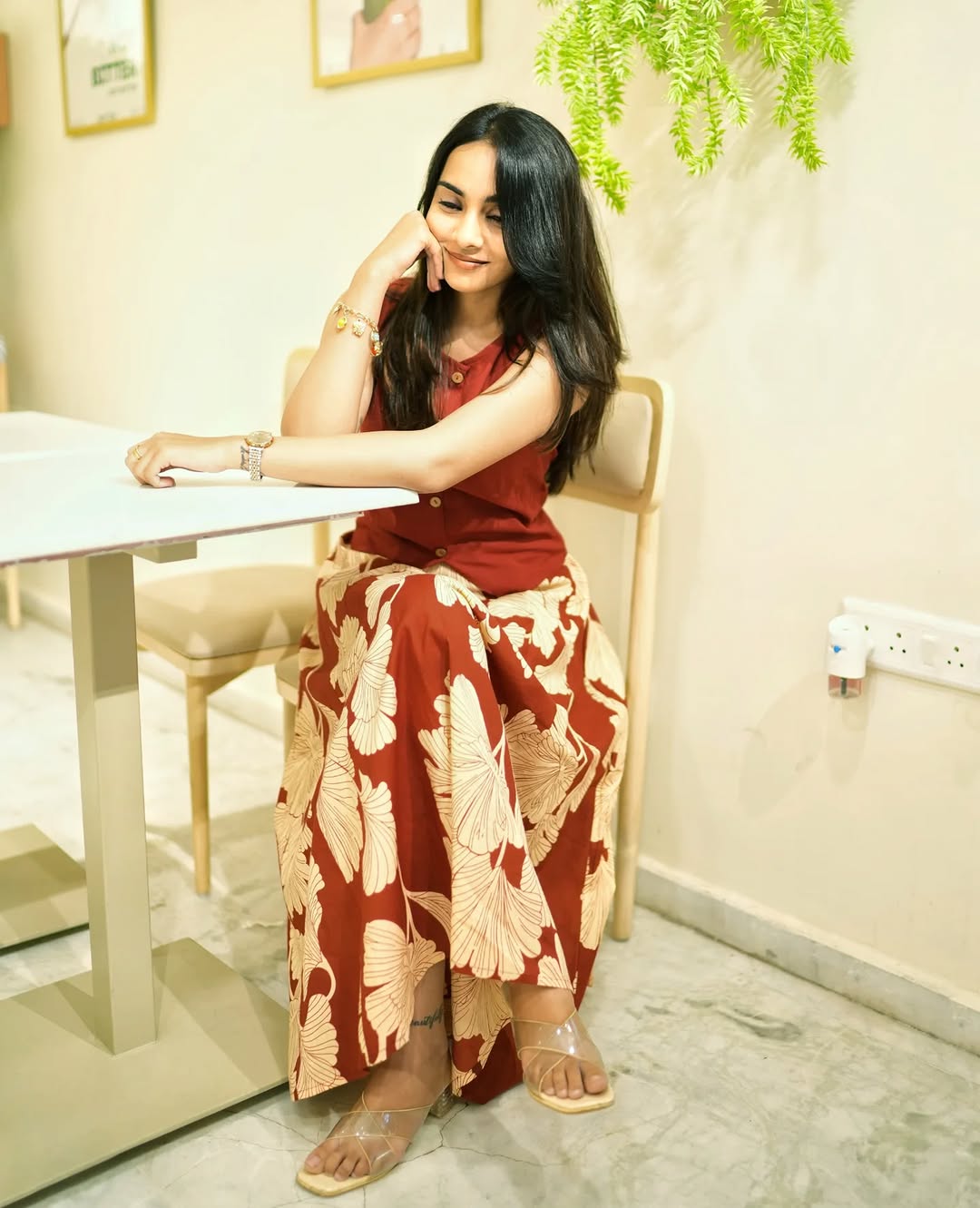 Maroon Floral Printed Sleeveless Cotton Kurta Dress for Women