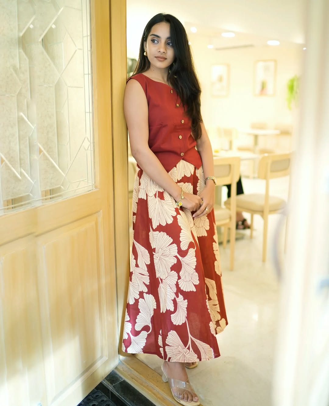 Maroon Floral Printed Sleeveless Cotton Kurta Dress for Women