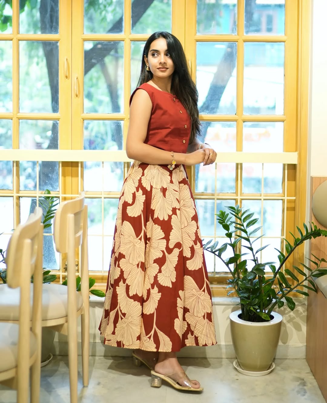 Maroon Floral Printed Sleeveless Cotton Kurta Dress for Women