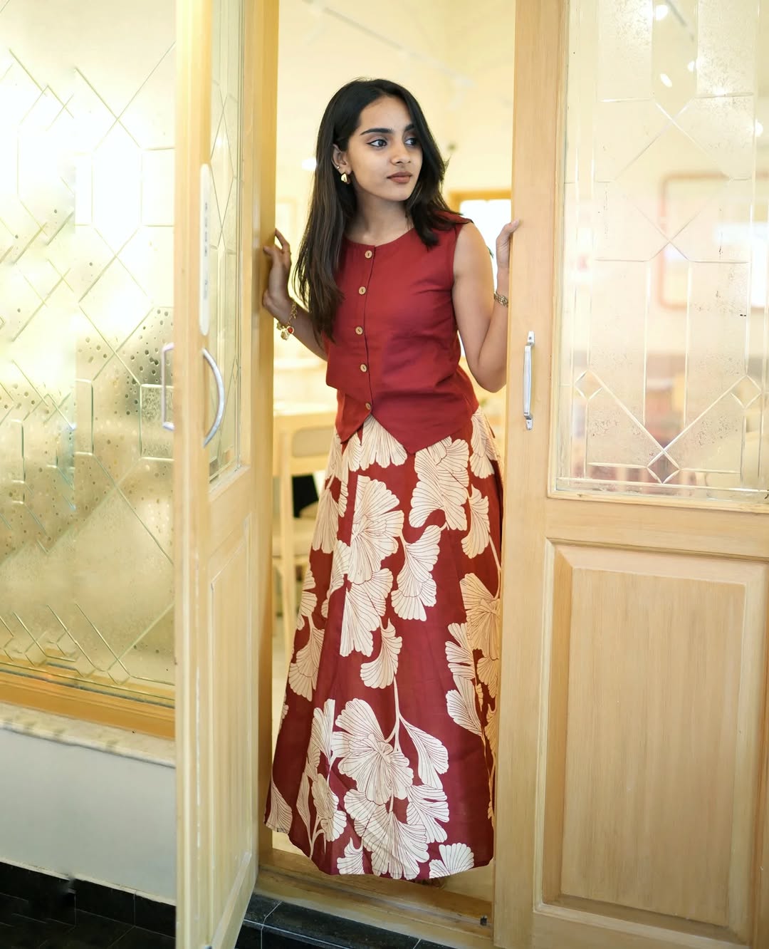 Maroon Floral Printed Sleeveless Cotton Kurta Dress for Women