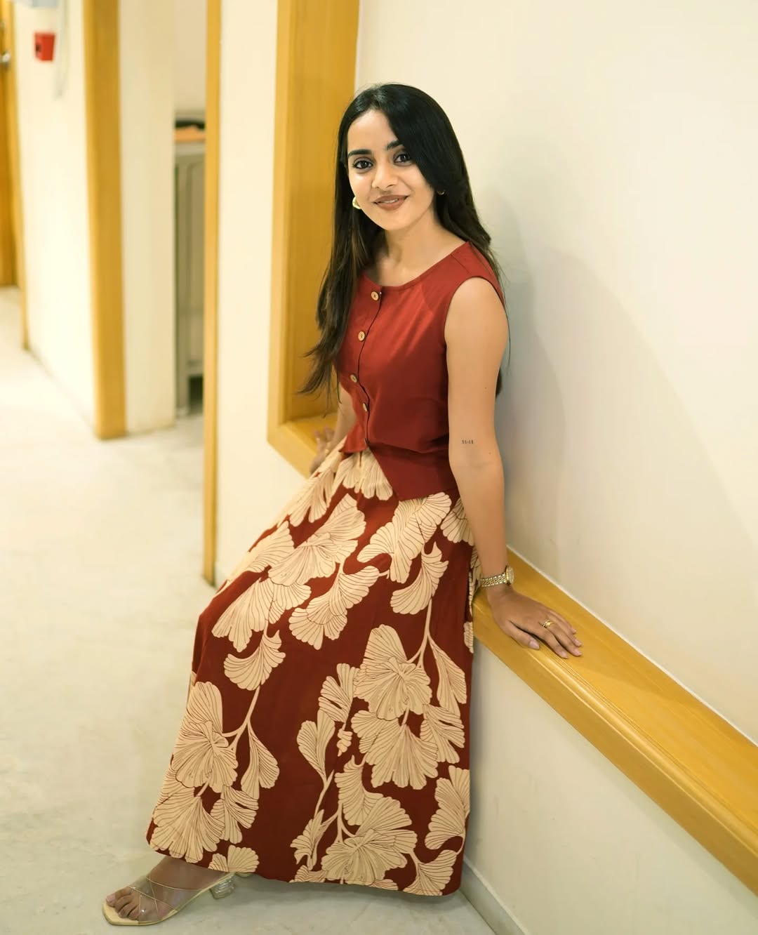 Maroon Floral Printed Sleeveless Cotton Kurta Dress for Women