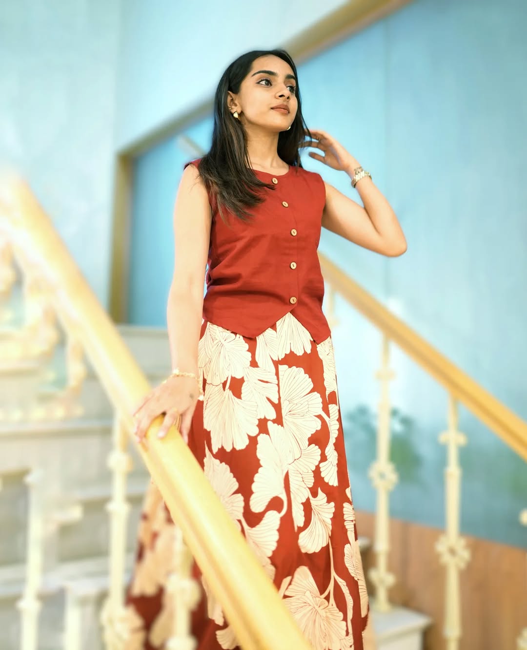Maroon Floral Printed Sleeveless Cotton Kurta Dress for Women