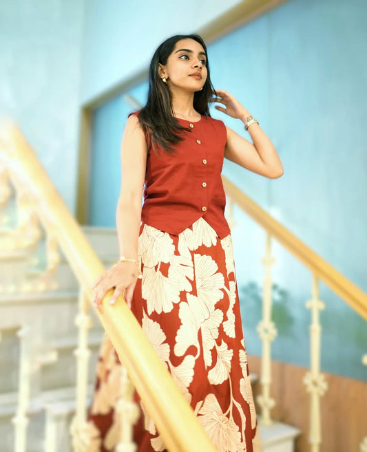 Maroon Floral Printed Sleeveless Cotton Kurta Dress for Women