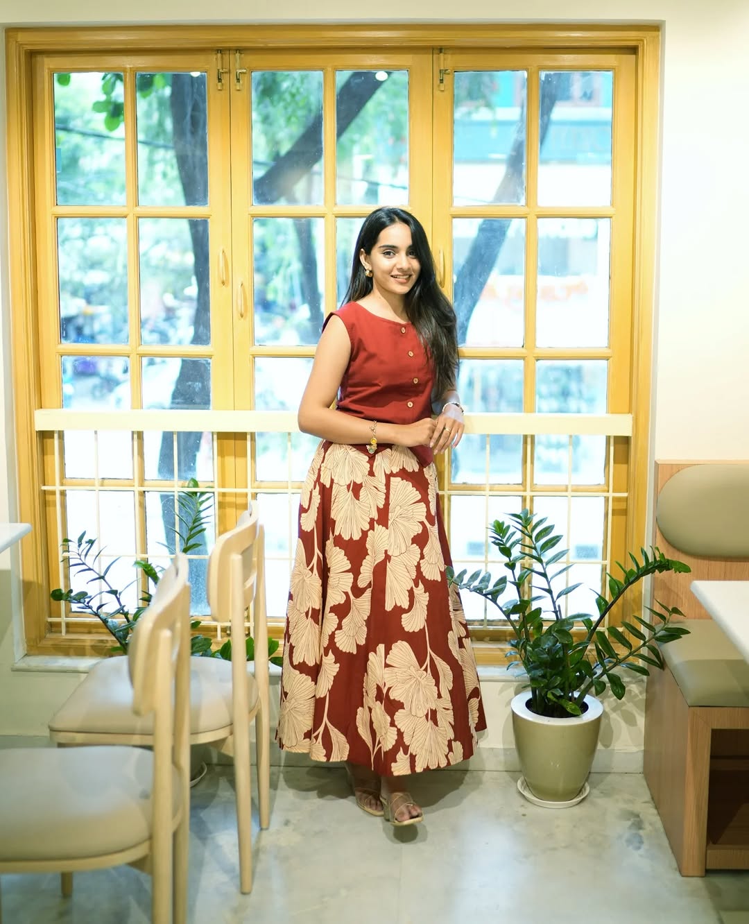 Maroon Floral Printed Sleeveless Cotton Kurta Dress for Women