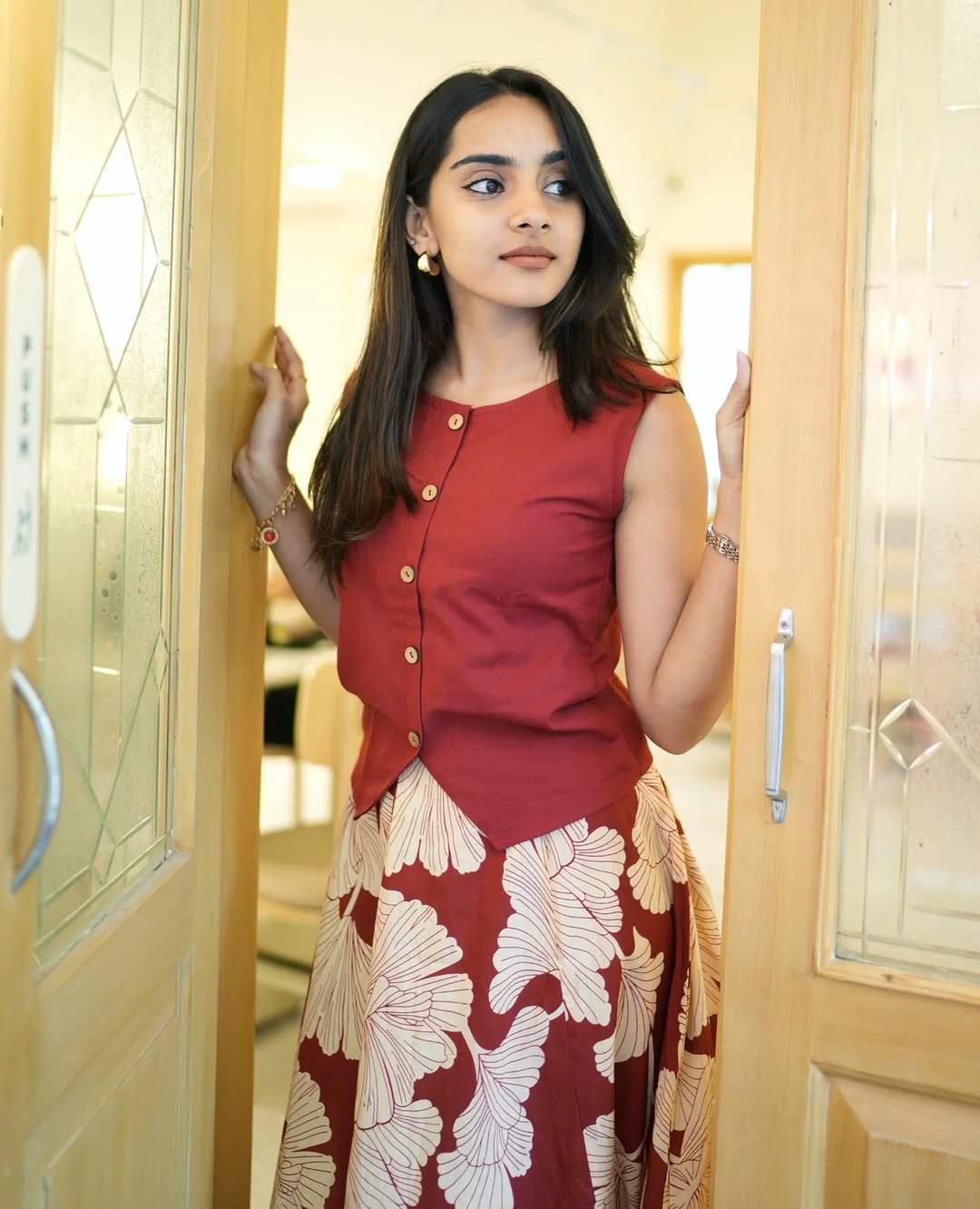 Maroon Floral Printed Sleeveless Cotton Kurta Dress for Women