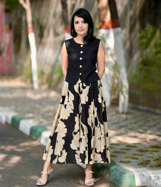 Black Floral Printed Sleeveless Kurta Dress for Women