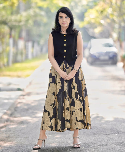 Black Floral Printed Sleeveless Kurta Dress for Women