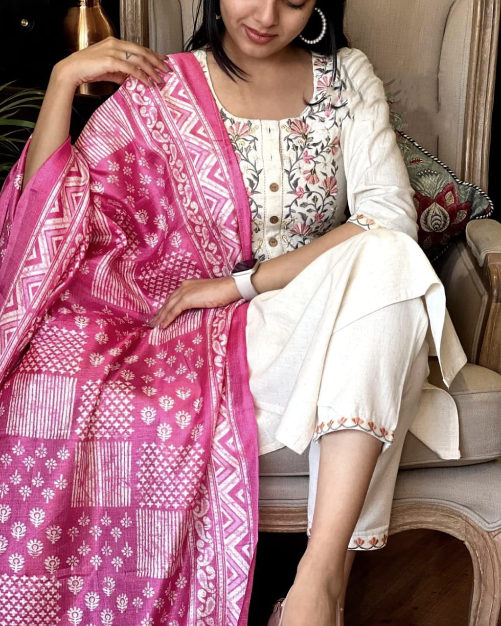 Cotton Embroidered Kurta with Pant & Khadi Silk Dupatta