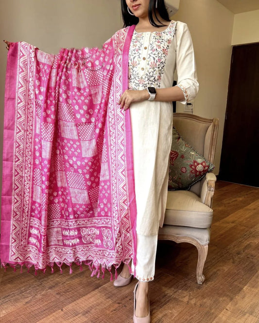 Cotton Embroidered Kurta with Pant & Khadi Silk Dupatta