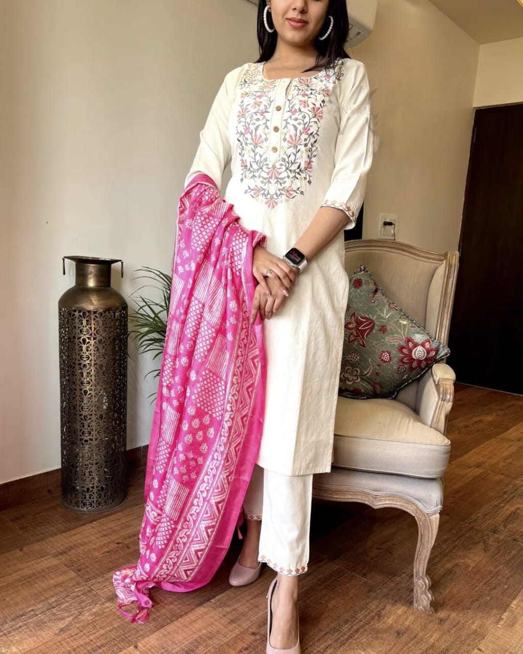 Cotton Embroidered Kurta with Pant & Khadi Silk Dupatta