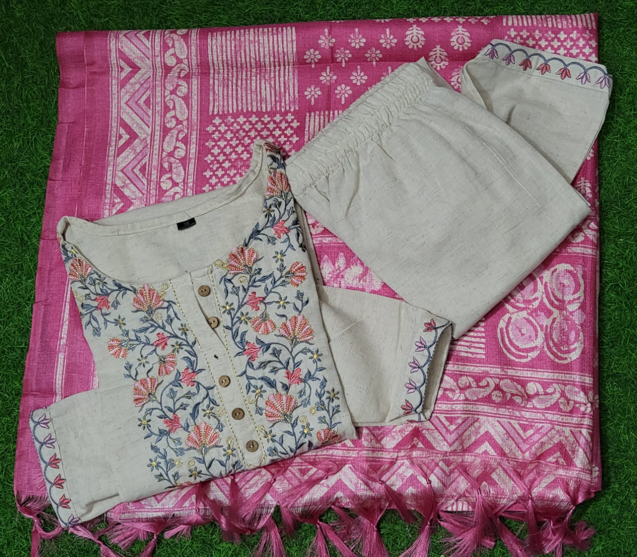 Cotton Embroidered Kurta with Pant & Khadi Silk Dupatta