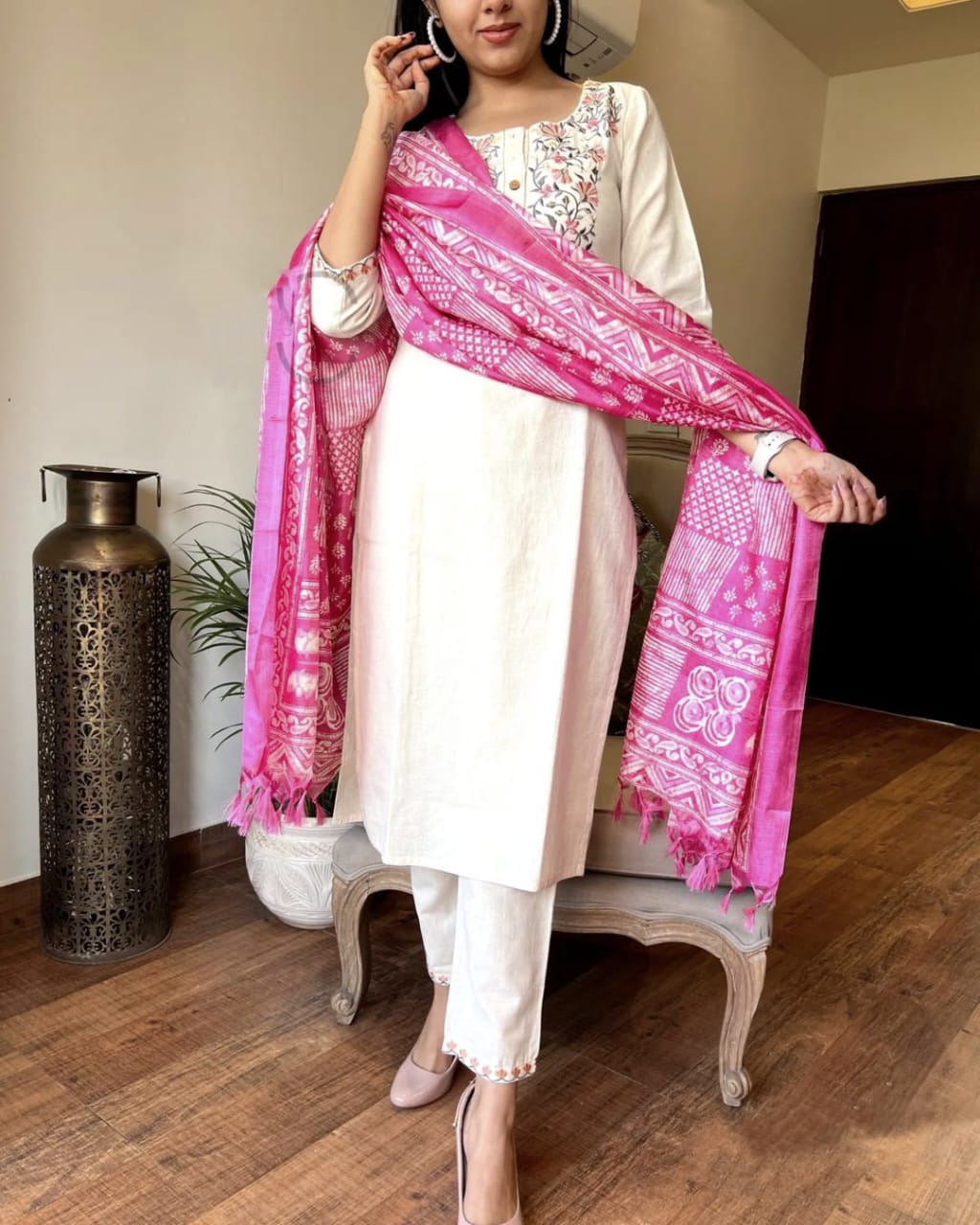 Cotton Embroidered Kurta with Pant & Khadi Silk Dupatta