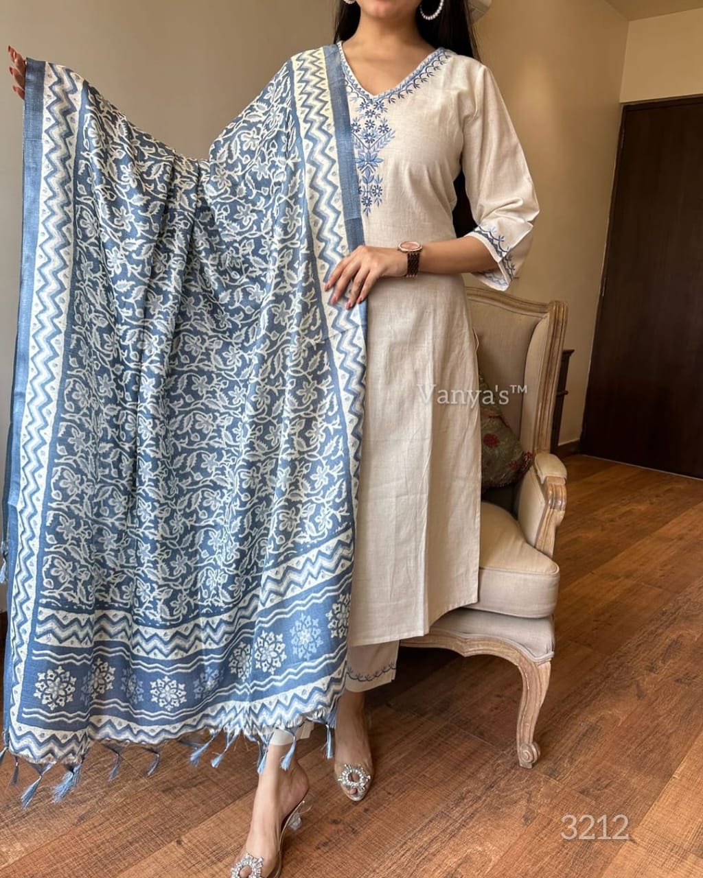 Blue Cotton Embroidered Kurta with Pant & Khadi Silk Dupatta