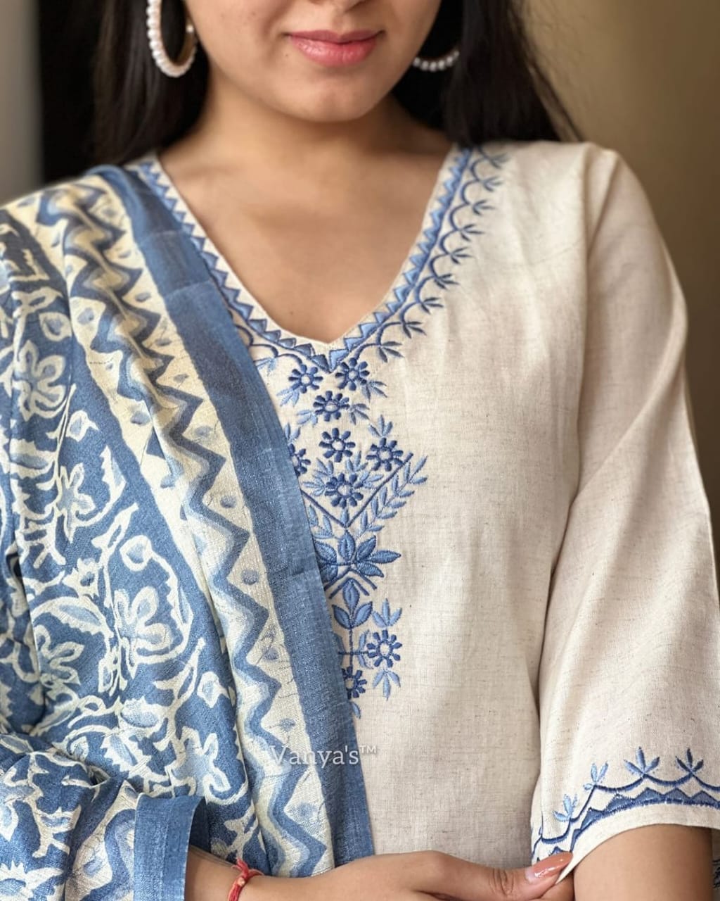 Blue Cotton Embroidered Kurta with Pant & Khadi Silk Dupatta