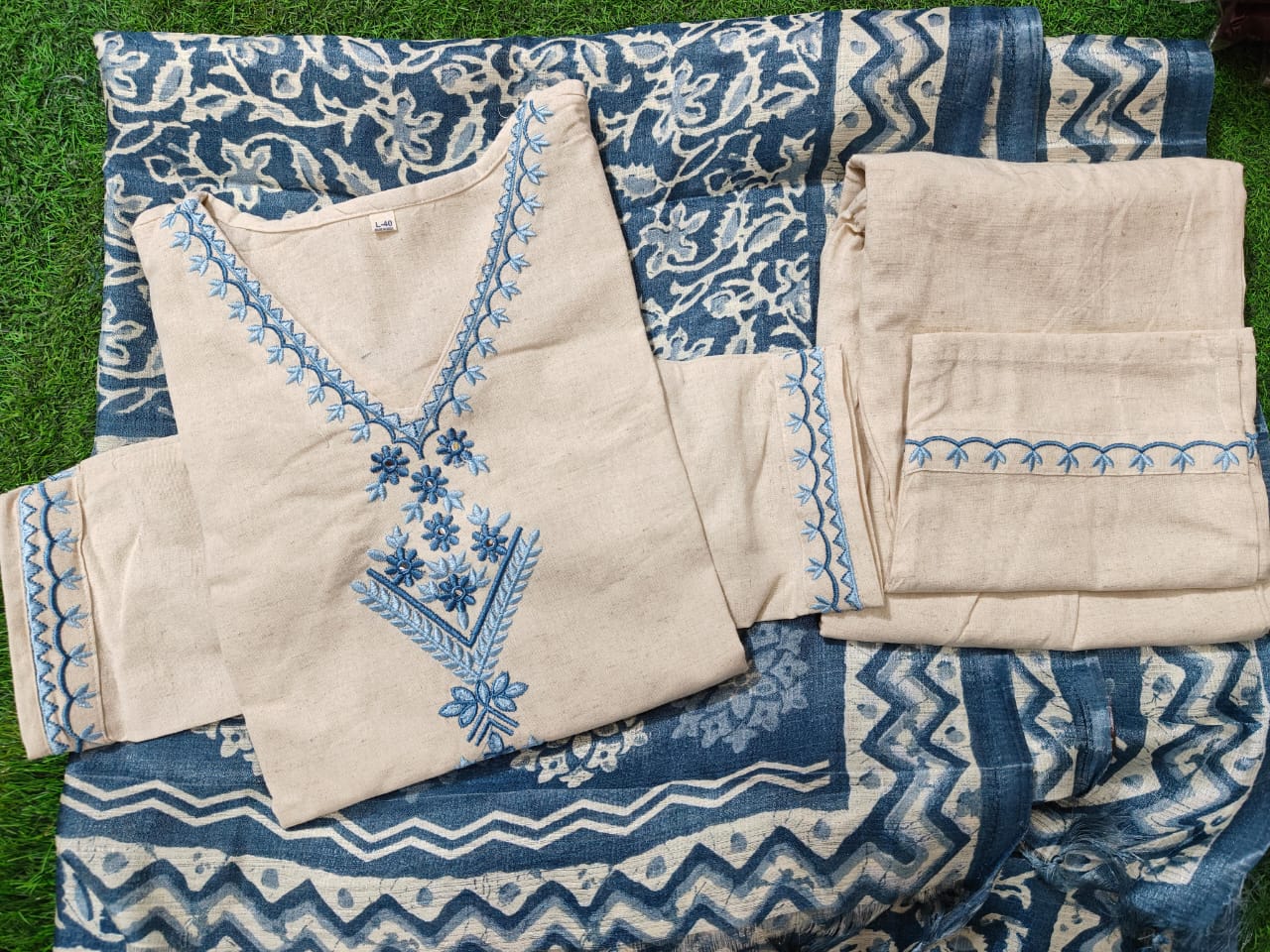 Blue Cotton Embroidered Kurta with Pant & Khadi Silk Dupatta
