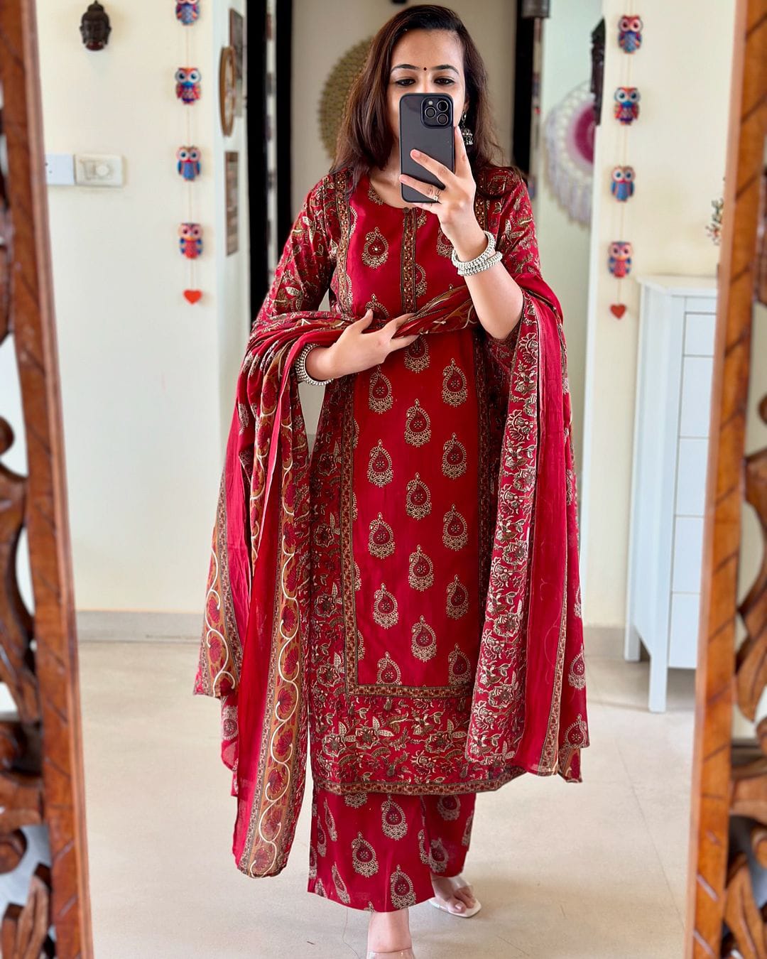 Red Printed Cotton Kurta Pant Set with Dupatta for Women
