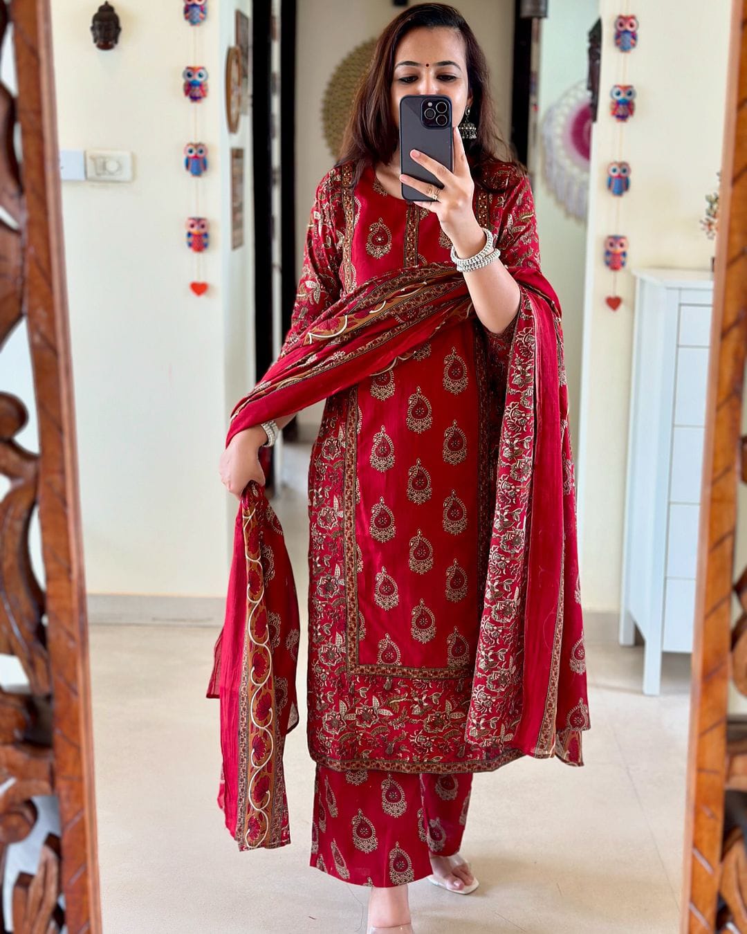 Red Printed Cotton Kurta Pant Set with Dupatta for Women